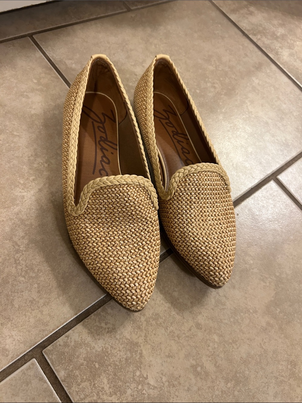Zodiac 7 Tan Woven Pointed-Toe Slip-On Flats